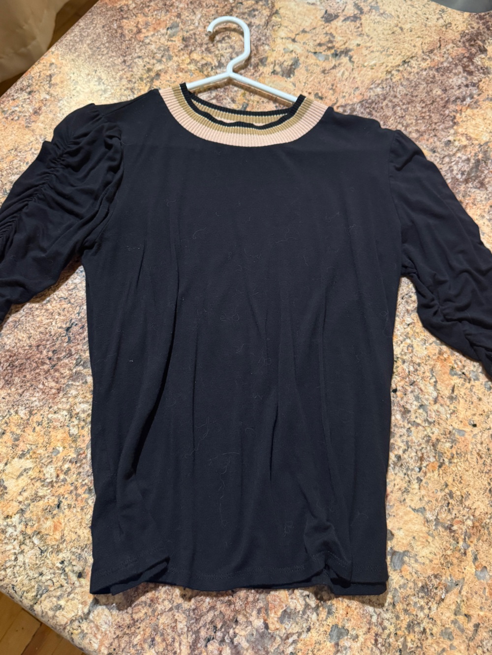 Striped Ribbed Knit Top with Ruched, Puff Sleeves in Black, Gold & Beige